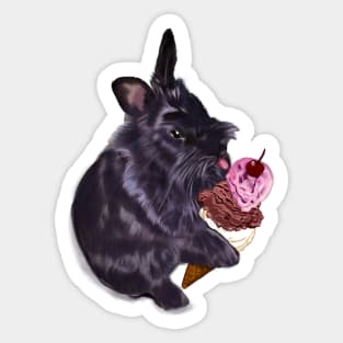 bunny rabbit cute  ebony colored coloured lionhead bunny rabbit  licking a three scoop icecream Sticker